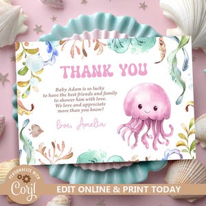 Unter dem Meer Dankeskarte, rosa Qualle Dankeschön Hinweis Meer Tier Babyparty Dankeschön Karte Mädchen Babyparty Ozean Thema lädt N271 ein