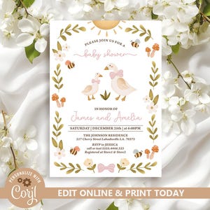 Goose Baby Shower Invitation, Vintage Simple Mama and Baby Goose Pink, Goose Baby Shower Invite, Editable Template, Digital Download N264