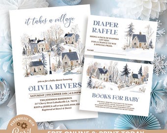 Op de afbeelding: Babyshower uitnodigingsset met een winterdorp illustratie. De uitnodiging bevat details voor Olivia Rivers' babyshower, een luier verloting en een verzoek om boeken. Het ontwerp is aanpasbaar en klaar om af te drukken.