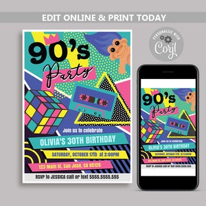 90s Birthday Party Invitation, 90s Invitations, Retro 1990s Birthday Invite, 1990&#39;s Party, 90s Theme Party, 1990s Theme Invites, Corjl N148