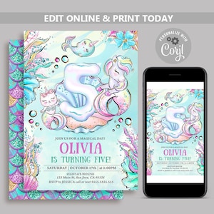 Mermicorn 5th Birthday Invitation: Under the Sea, Editable Template