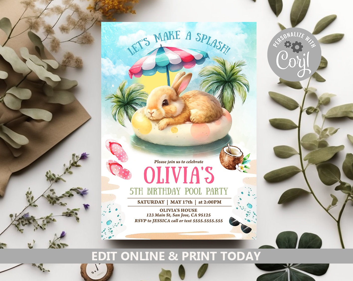 Pool Party Invitation Editable Pool Bunny Girl Invites Girl - Etsy