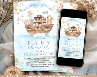 Noah's Ark Baby Shower Invitation: Watercolor Animals (Digital Template)