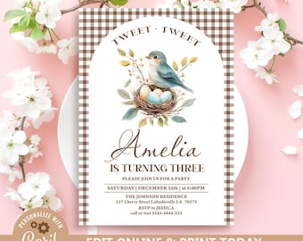Invitación de cumpleaños con pájaro en acuarela, invitación de primavera para niñas (plantilla editable)