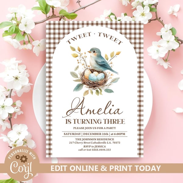 Watercolor Bird Birthday Invitation, Girls Spring Invite (Editable Template)