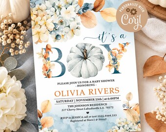 May include: A rectangular baby shower invitation card featuring a watercolor design with blue and orange floral accents and a central white pumpkin. The text reads it's a BOY, honoring OLIVIA RIVERS, with event details including the date, time, and location.
