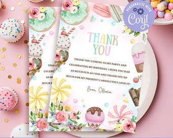 Tarjeta de agradecimiento de Candy Land: Dulce fiesta de cumpleaños (plantilla imprimible)