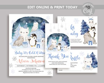 Pacote de convites para chá de bebê de inverno: animais do Ártico (modelo digital editável)