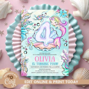 Editable Mermaid 4th Birthday Invitation: Under the Sea Invite, Pool Party Digital Template N165