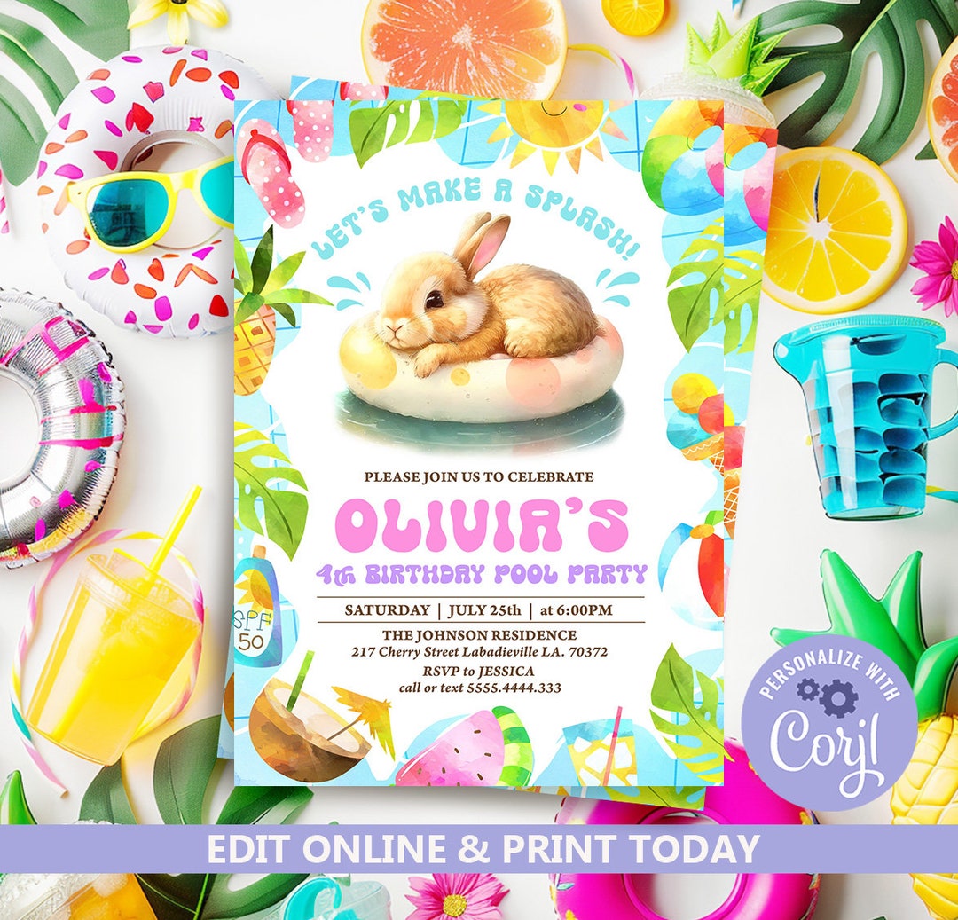 Pool Party Invitation, Editable Pool Bunny Girl Invites, Girl Pool ...