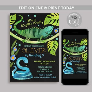 Invitation d’anniversaire de reptile garçon, invitation modifiable à une fête d’anniversaire de reptile, modèle de fête d’anniversaire de lézard et de serpent, invitation d’anniversaire de tout âge N120