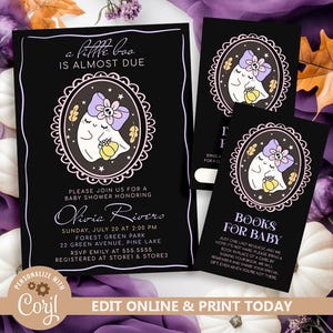 Purple A Little Boo Baby Shower Invitation Bundle, Girl Halloween Baby Shower Invite, Ghost Halloween Baby Shower Editable Invite N295