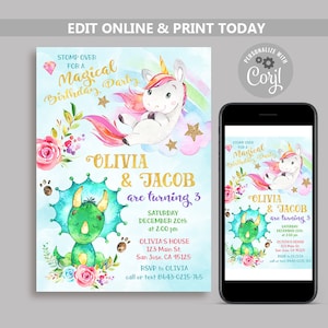 Unicorn and Dinosaur Birthday Invitation, Magical Birthday invite, Sibling Birthday, Joint Birthday, Unicorns, Dinosaurs Split Party N133