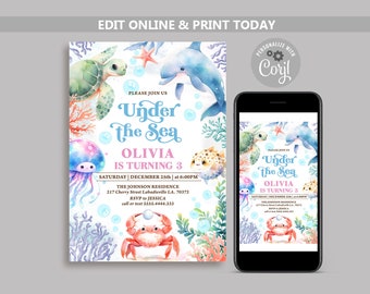 Under the Sea Birthday Invitation: Turtle, Dolphin, Crab (Editable Template)