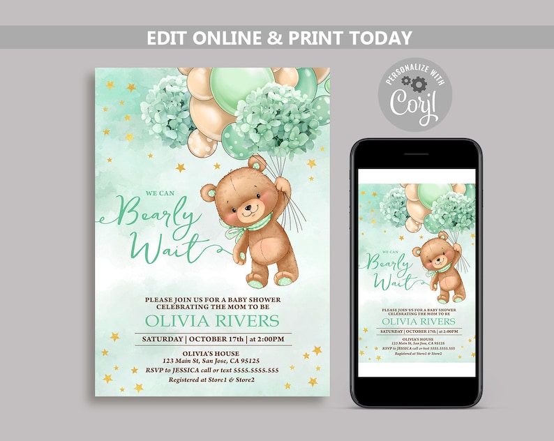 Teddy Bear With Green Balloons Baby Shower Invitation Bundle Etsy