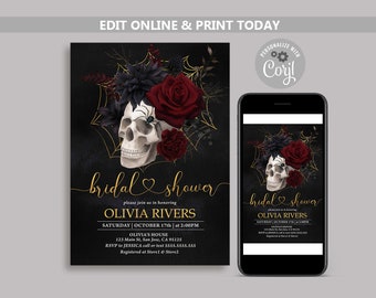 Könnte beinhalten: Eine schwarze und goldene Einladung zur Bridal Shower mit einem Totenkopf und roten Rosen. Der Text lautet "bridal shower" und "Olivia Rivers".