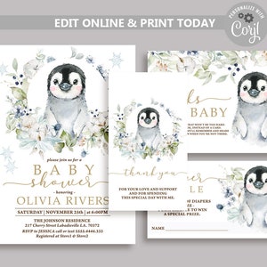 Penguin Baby Shower Invitation Bundle, Gender Neutral Winter Baby shower invitations, Animal Baby Shower Set, Winter Wonderland Invite N103