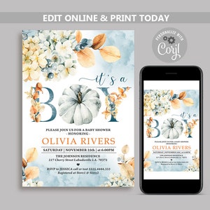 Boy Pumpkin Baby Shower Invitation Template, Orange & Blue Autumn printable invite, Fall Theme Baby Shower, Boy Baby Shower, It&#39;s a Boy N79