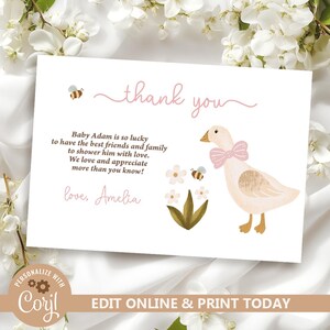Gänse-Babyparty-Dankeskarten-Vorlage, Vintage einfache Mama und Baby-Gans rosa, bearbeitbare Gänse-Babypartyparty, digitaler Download N264