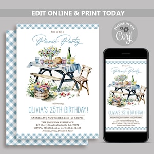 Picnic Birthday Party Invitation, Garden Backyard Party, Summer Party Invite, 20th 30th 40th 50th Adult Shabby chic birthday template N198