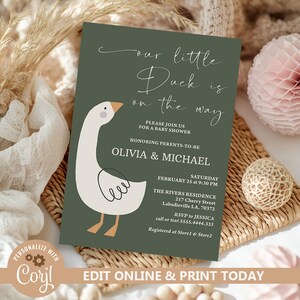 Editable Duck Baby Shower Invitation, Baby Shower Duck Invitations, Goose Baby Shower Party Invite, Silly Goose Invites, Gender Neutral N268