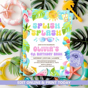 Tropical Splish Splash Water Birthday Party Invitation Editable Girly Splash Pad Water Slide Paddling Pool Summer Party Instant Download