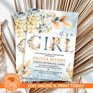 Fall Baby Shower Invitation Template, Autumn Baby Shower Invitations Template, Fall Floral, Girl Baby Shower invite, CORJL N79