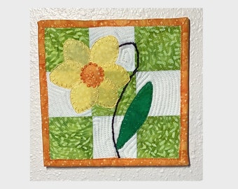 Daffodil Spring/Summer Wall Quilt- Small Wall Hanging. Made with Batik Cotton Fabrics.  Ready to Ship-Made in Colorado