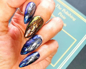 Hand Painted Dragon Scale Press On Nails, Fantasy Chrome Set