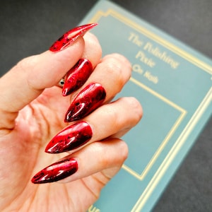 Red Diamond Foil Press On Nails Set, Foil Nails, Jelly Nails, Retro Nails, Vintage Red Nails