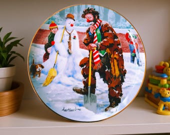 Plato de coleccionista "Muñeco de nieve" de Emmett Kelly – Edición limitada de 1991: Payaso de circo y perro