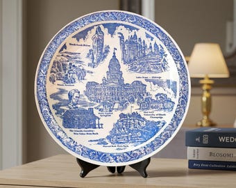 Plato de recuerdo vintage de Illinois: Plato decorativo azul y blanco con monumentos estatales / Galería de arte EJS