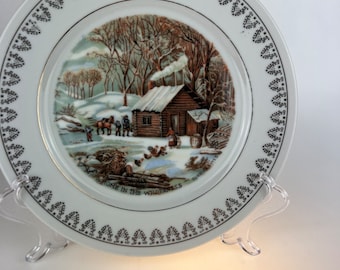 Currier & Ives Winter Scene Plate: 24K Gold, Home In The Wilderness