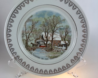 Currier & Ives Winter Scene Plate: The Old Grist Mill, 24K Gold Decor