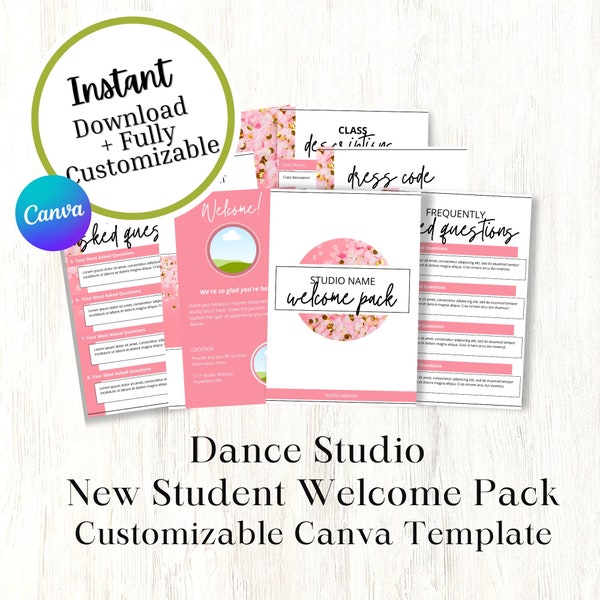 Pack de bienvenue pour les nouveaux étudiants pour les studios de danse, modèle Canva, accueil des nouveaux clients, ressource pour les studios de danse