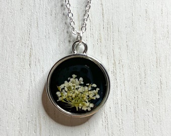 Small lace flower pendant necklace | dried flower necklace | resin flower necklace| black and white necklace