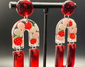 Strawberry Shortcake Earrings | Red and Pink Strawberry Geometric U-Shape Dangle Earrings
