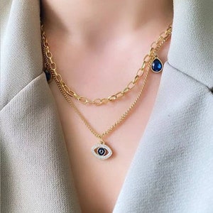 Stainless Steel Evil Eye Double Layer Necklace | Gold