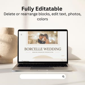 Könnte beinhalten: Ein Laptop, der eine Hochzeitspräsentation mit dem Text "BORCELLE WEDDING" anzeigt. Der Bildschirm zeigt ein Foto eines Paares und die Worte "Wedding Organizer Presentation". Der Laptop ist auf einer weißen Oberfläche geöffnet, mit dem Text "Fully Editatable".