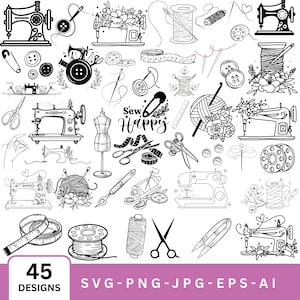 Puede incluir: Una colección de 45 diseños en blanco y negro con temática de costura. La imagen incluye ilustraciones de máquinas de coser, carretes de hilo, tijeras, agujas, botones, cinta métrica y el texto "Sew Happy". Formatos: SVG, PNG, JPG, EPS y AI.