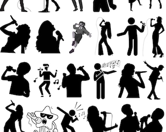 May include: A collection of 23 black and white vector illustrations of singers and musicians performing with microphones. The designs include silhouettes of people singing, playing guitar, and a cartoon star character. The bottom of the image has the text "23 DESIGNS" and "SVG-PNG-EPS-JPG-AI".