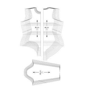 Pode incluir: Um padrão de costura a preto e branco para um body. O padrão é composto por múltiplas camadas de linhas finas, com setas indicando medidas e direções. O design inclui um corpete e uma peça inferior separada.