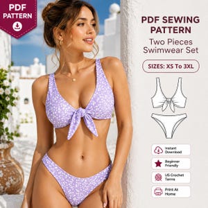 May include: A PDF sewing pattern for a two-piece swimwear set in sizes XS to 3XL. The set features a light purple bikini top with a small white floral print and a front tie detail, paired with matching high-cut bikini bottoms in the same fabric.