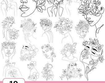 Floral Woman Line Art SVG Bundle – 19 Minimalist Face Clipart (Instant Download)