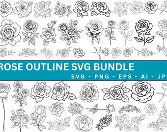 Rose Outline SVG Bundle: Flower Vectors, Cricut Cut File (Digital Download)