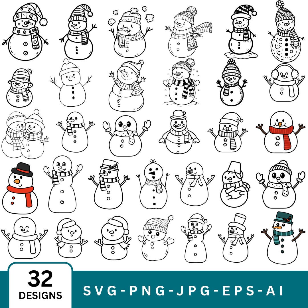 32 Hand-drawn Snowman SVG Clipart Bundle – Christmas Winter Designs ...