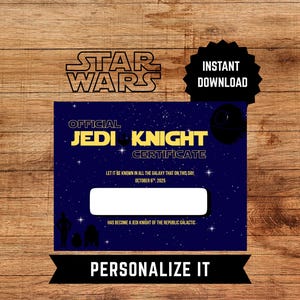 Jedi Certificate Star Wars Party Favor | Jedi Knight Certificate for Star Wars Party | Star Wars Gift for kids | Instant Download
