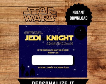 Jedi Certificate Star Wars Party Favor | Jedi Knight Certificate for Star Wars Party | Star Wars Gift for kids | Instant Download