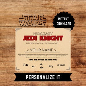 Jedi Certificate Star Wars Party Favor | Jedi Knight Certificate for Star Wars Party | Star Wars Gift for kids | Instant Download | Galaxy