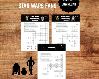 Puede incluir: Dos crucigramas imprimibles de Star Wars con Yoda y R2-D2. Los crucigramas son en blanco y negro y tienen un fondo espacial. La clave de respuestas también está incluida.
